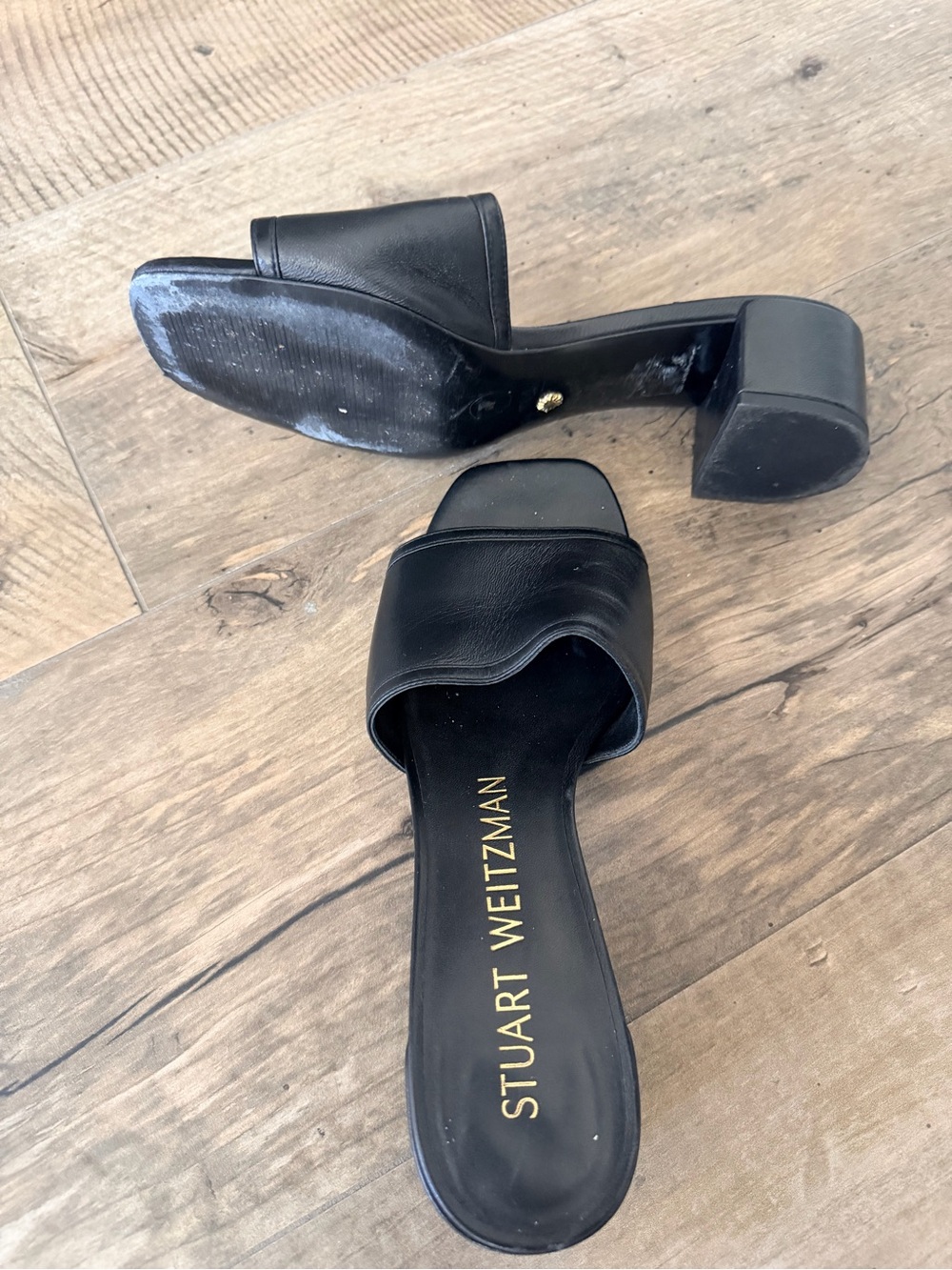 Stuart Weitzman Black Leather Block Heel Slide